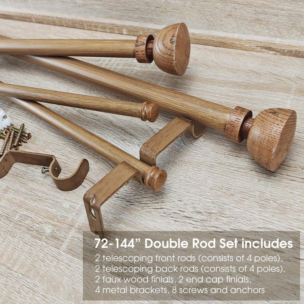 SKYPLUS LIVING Faux Wood Style Curtain Rod Set with Wood Grain Round Finial, 72-144 inch, Standard Double Drapery Rod for 1 Pack, 1 inch diameter, Adjustable Length SKYPLUS LIVING