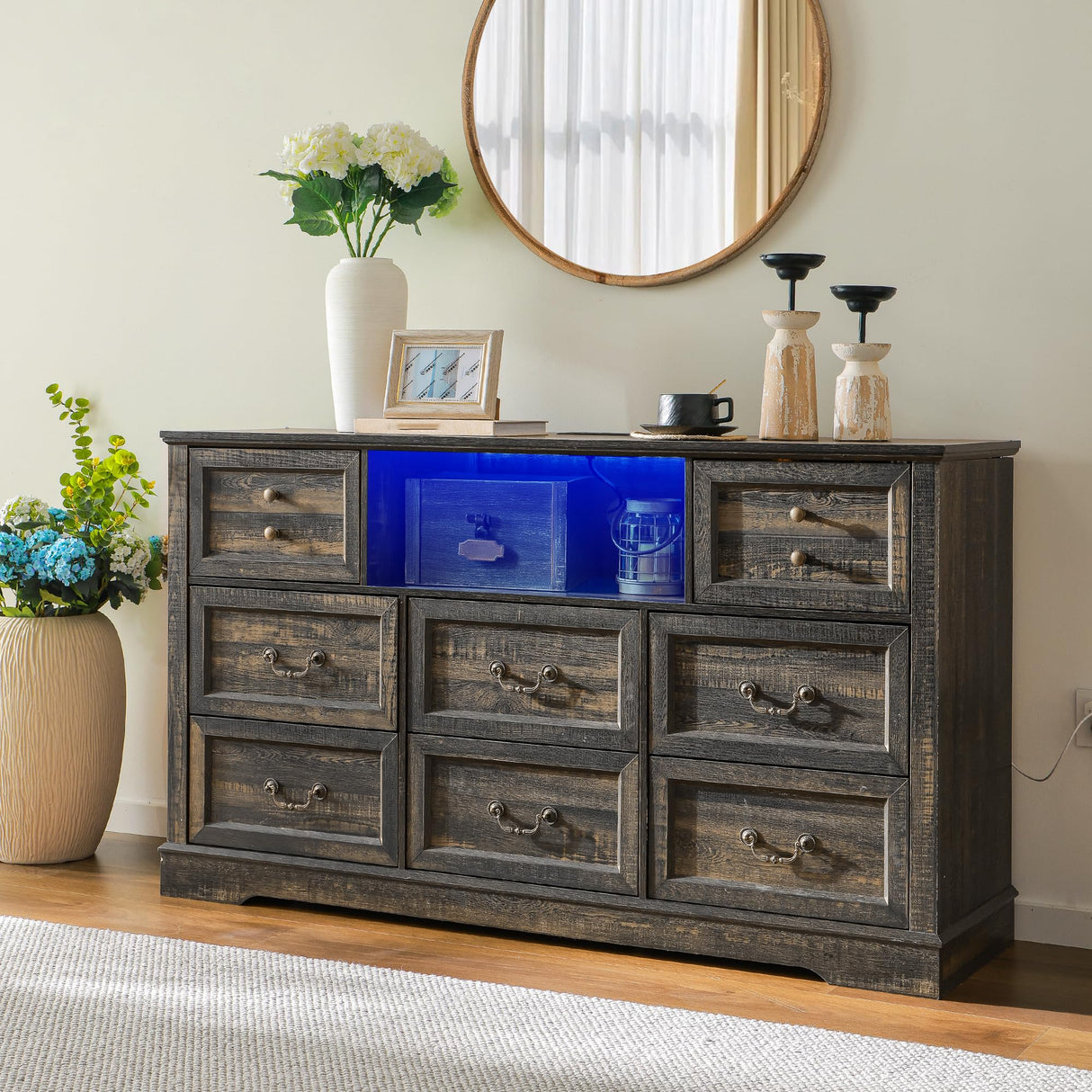 Homkdom Dresser for Bedroom with Charging Station & Led Lights,55.02" TV Stand with 8 Drawers,Dressers & Chests of Drawers with Open Shelves,Hallway,Closet 55.02" W x 34.53" H x 15.77" D Rustic Oak Homkdom