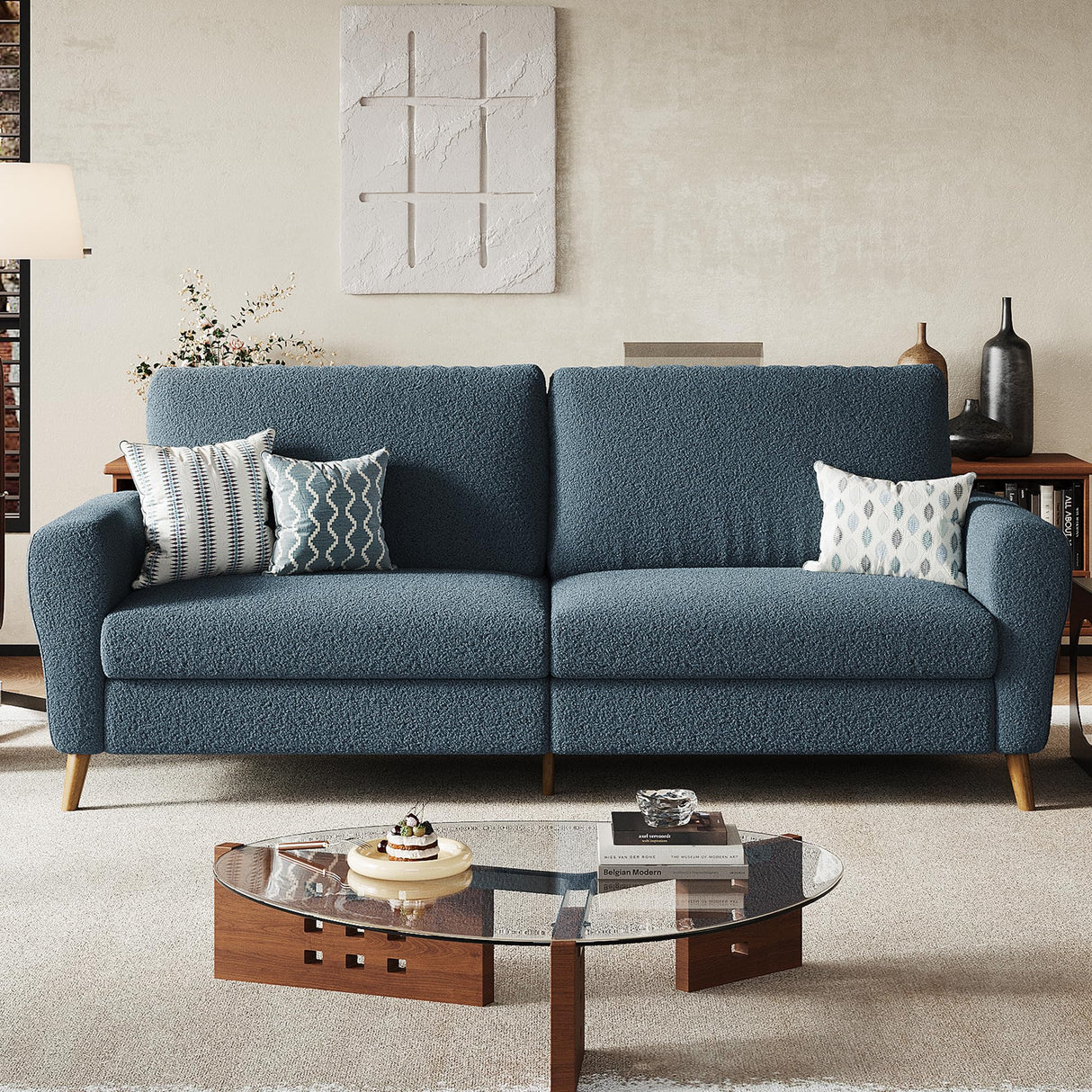 GarveeHome 84" Sofa, 3 Seater Couch for Living Room, Modern Loveseat, Boucle Sofa with Deep Seats, Wide Armrests, Wood Legs, Easy Assembly, Upholstered Comfy Sofa for Bedroom Office, Dark Blue GarveeHome