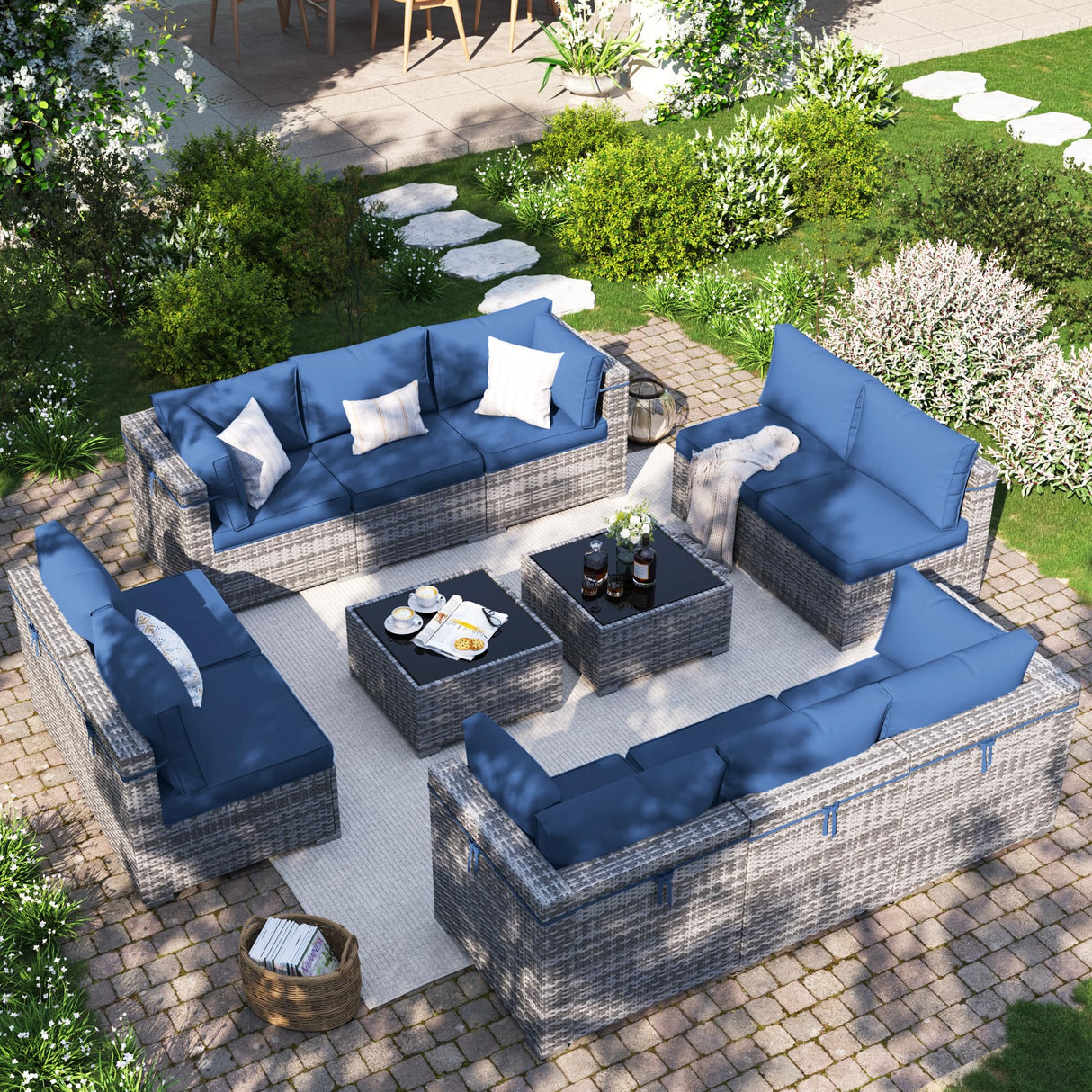 VONZOY Patio Furniture Set, 12-Piece Outdoor Sectional with Free Cover, All-Weather Wicker Patio Conversation Sets for Backyard (Grey with Navy Cushion) VONZOY