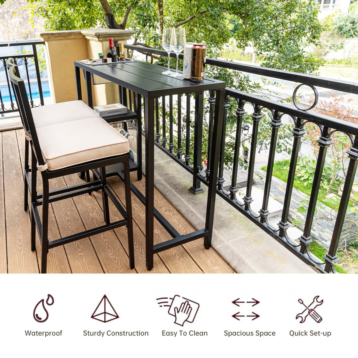 PIZZELLO 6 Piece Outdoor Patio Bar Set, 2 PCS 47" Rectangular Counter Height High Top Bar Tables with Wheels, 4 Cushioned Bar Stools, Metal Bar Table and Chairs Set for Balcony, Backyard, Porch PIZZELLO