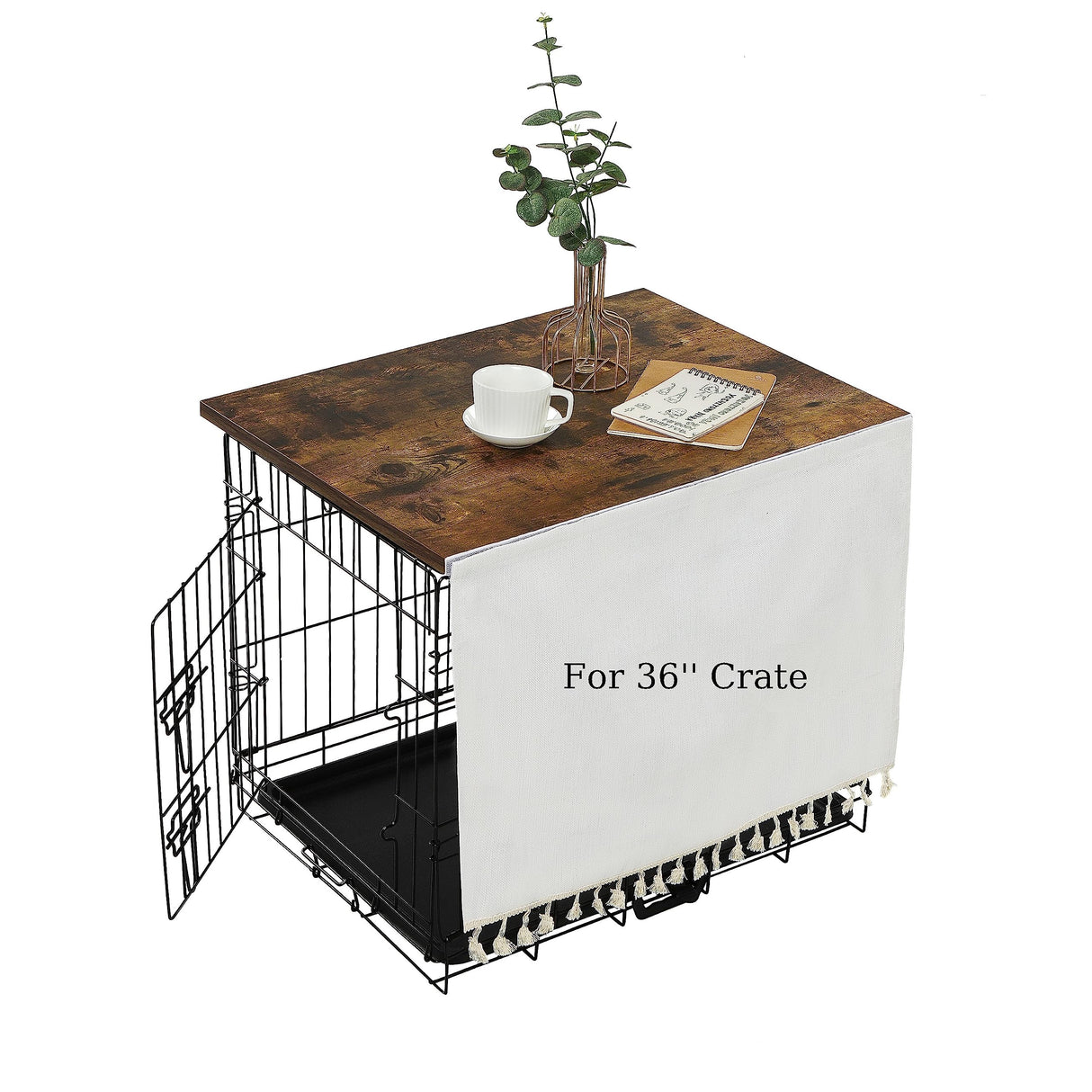 VIE DE AMAN Dog Crate Topper Wood for 48 42 36 24 inch Cages, Dog Crate Table Topper with Tassel Curtain, Rustic Style Dog Kennel Topper, Rustic Brown(Dog Crate Not Include) VIE DE AMAN