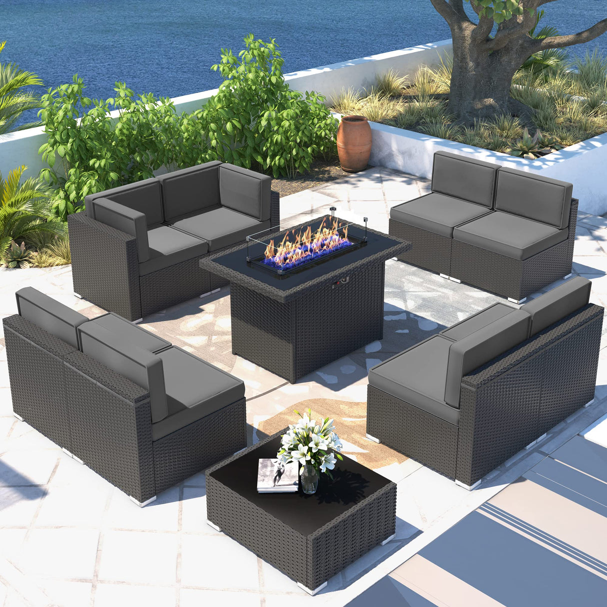 Vakollia 10 Pieces Patio Furniture Set with 44" Propane Gas Fire Pit Table, Outdoor Sectional Wicker Conversation Sofa Sets with Coffee Table Vakollia
