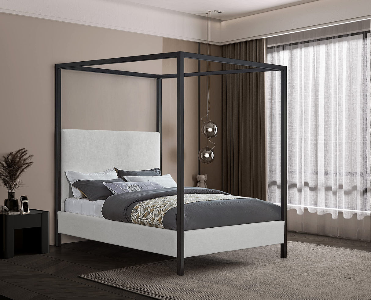 Meridian Furniture JamesBeige-K James Collection Modern | Contemporary King Bed with Cream Linen Textured Fabric, Matte Black Steel Canopy, Full Slats, 81" W x 85" D x 86" H, Cream, King Meridian Furniture