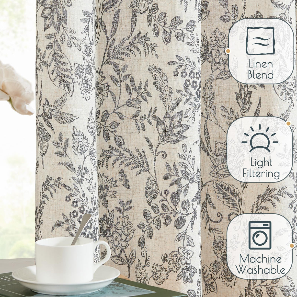 jinchan Floral Linen Blend Curtains for Living Room Black French Country Farmhouse 84 Inch Long Light Filtering Semi Sheer Kitchen Window Back Tab Curtains 2 Panels jinchan