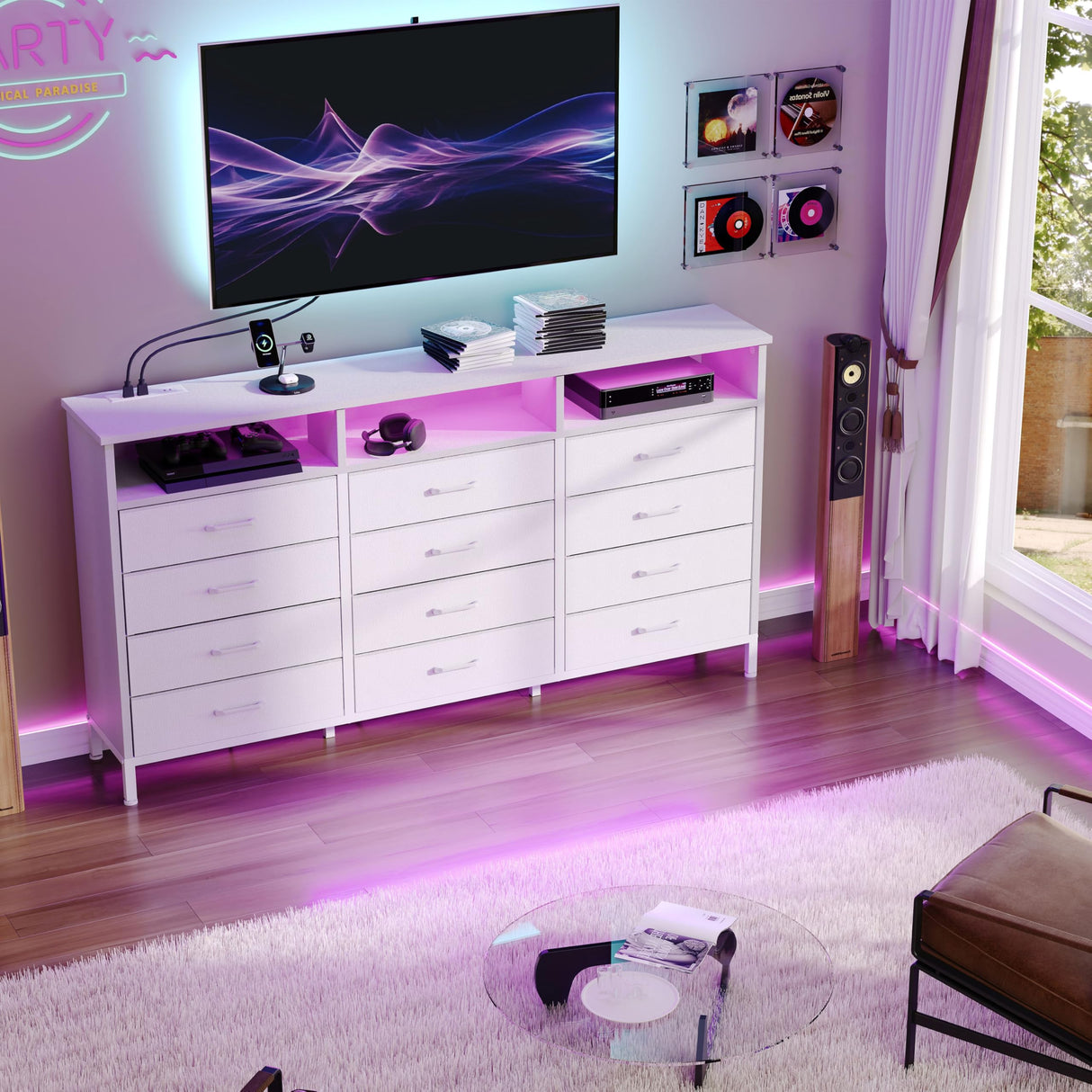 Dresser for Bedroom White Bedroom Dresser with LED Lights and Charging Station, 12 Long Fabric Drawers Dressers, Tall Wide Chest of Drawers Storage Organizer TV Stand for up to 65" TV for Living Room SOOWERY