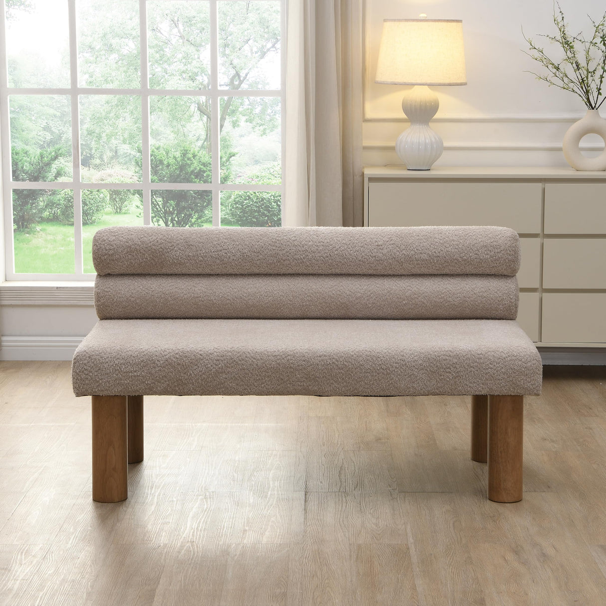 GDFStudio Upholstered Boucle Dining Bench with Backrest Farmhouse Entryway Bench with Rubber Wood Legs Long Indoor Bench for Bedroom Living Room End of Bed Dining Room Seating, Light Grey GDFStudio