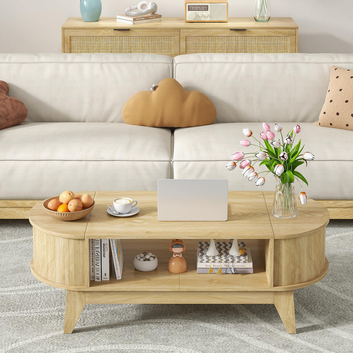 Fsbecl 46.45'' Oval Coffee Tables for Living Room, Mid Century Modern Coffee Table with Storage, Wood Fluted Accent Center Table with Flip-Top Lids for Home,Office (Wood Color) Fsbecl