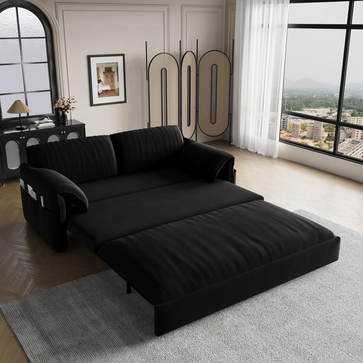 Winterstorm 62" Queen Pull Out Futon Sofa Bed with USB Ports, 3-in-1 Modern Convertible Sleeper Sofa with Side Pocket, Comfy Velvet Loveseat Couch for Living Room Bedroom Apartment (Queen, Black) Winterstorm