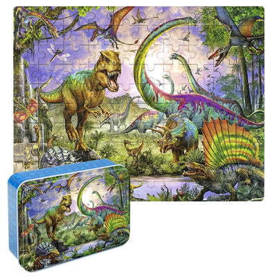 LELEMON Puzzles for Kids Ages 4-8,Dinosaur 100 Piece Puzzles for Kids,Educational Kids Puzzles Jigsaw Puzzles in a Metal Box,Children 100 Piece Puzzle Games Puzzle Toys for Girls and Boys