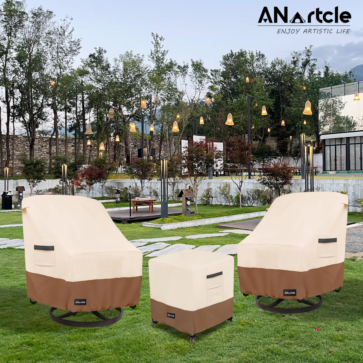 ANartcle 3 Pieces Patio Bistro Sets Cover,600D Waterproof Heavy Duty Patio Furniture Covers,Includes 2 Outdoor Swivel Chair Covers and 1 Patio Wicker Side Table Cover(Beige&Brown) ANartcle