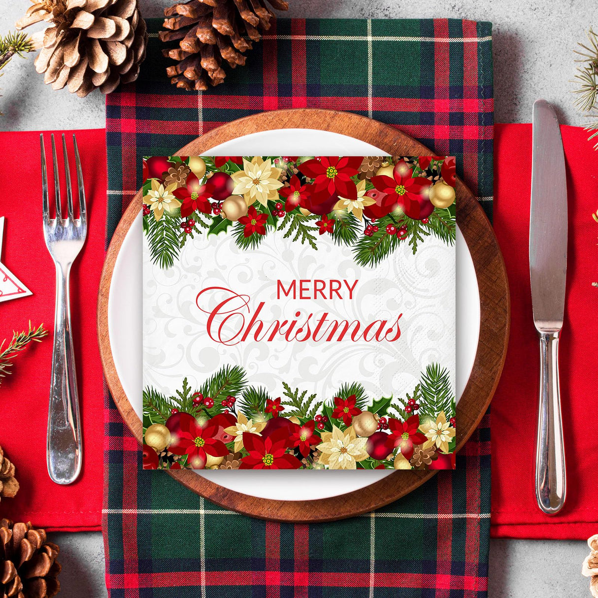JarThenaAMCS 50Pcs Merry Christmas Paper Napkin Poinsettia Floral Xmas Ball Disposable Dinner Napkin Luncheon Napkin for Winter Party Supplies JarThenaAMCS