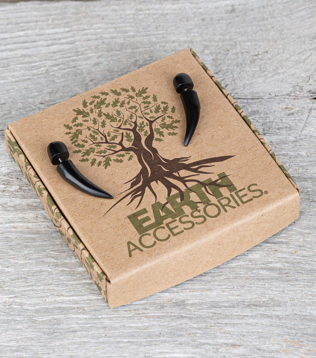 Earth Accessories Spike Taper Fake Gauges for Women or Men - Faux Gauge Earrings with Organic Wood and Surgical Steel - Fake Plugs Sold as a Pair in Black or Brown Earth Accessories