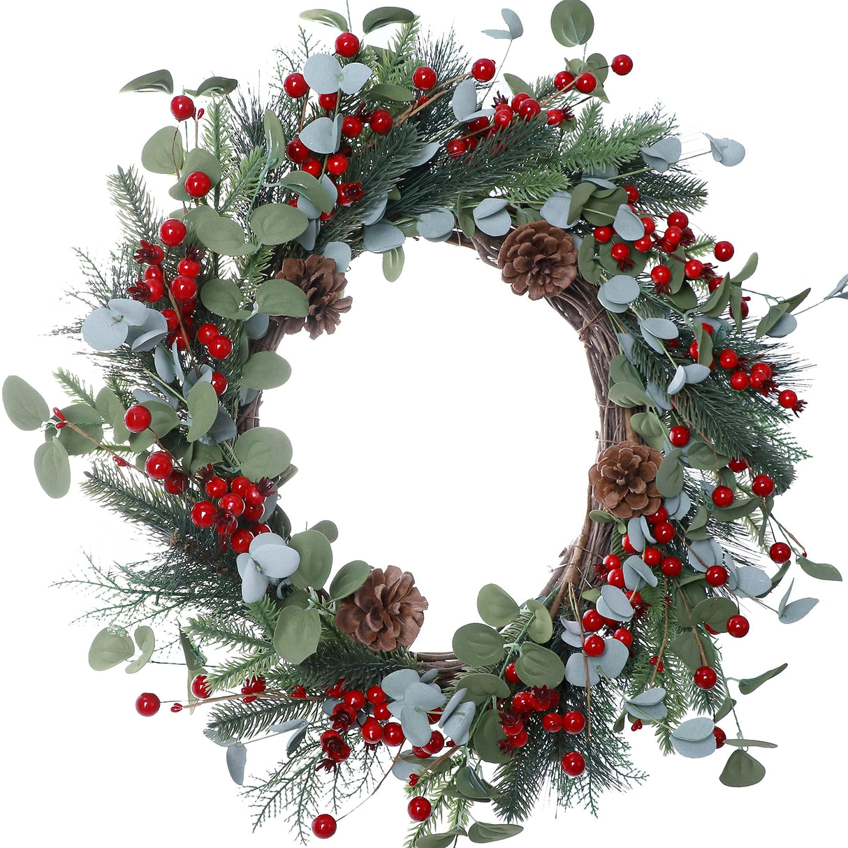 DIYFLORU 20 Inches Christmas Wreath Winter Wreaths Artificial Christmas Wreaths for Front Door Christmas Berry Wreath with Pine Needles Pine Cones Red Berries for Home Window Porch Winter Decorations DIYFLORU