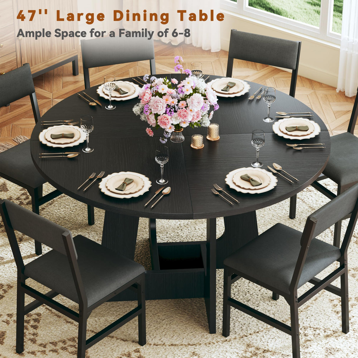 HUAHUU Round Dining Table Set for 6, 7-Piece Kitchen Table and Chairs for 6, 47'' Round Dining Room Table Set with 6 Chairs, Space Saving Dining Table with Wood Base for Kitchen, Living Room, Black HUAHUU