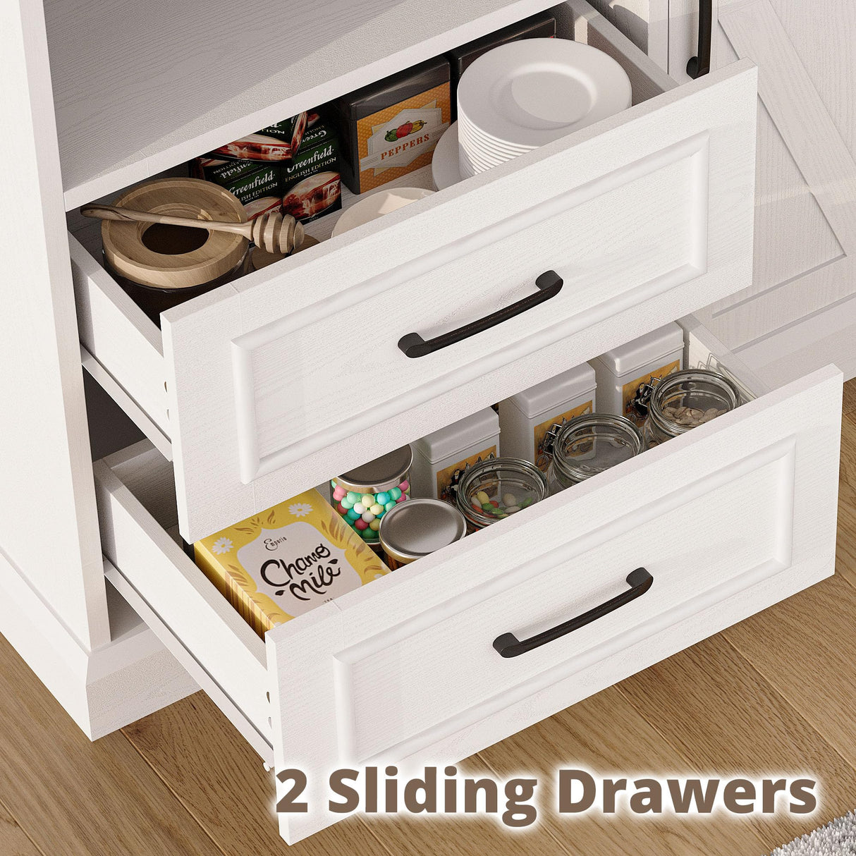 IRONCK Farmhouse Kitchen Pantry Cabinet, Kitchen Hutch Cabinet with Microwave Stand, Tall Food Pantry Cabinet with Storage Drawers and Adjustable Shelf for Kitchen, Dining Room, White IRONCK