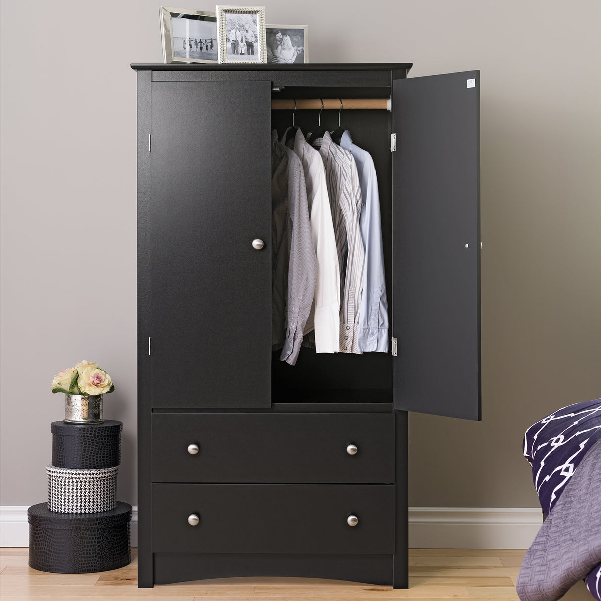 Prepac Sonoma Wardrobe Cabinet: Armoire Dresser for Bedroom with Adjustable Shelf. Features 2-Door Wardrobe Closet & 2 Drawers, Ideal Closet for Bedroom, 22"Dx31.5"Wx58.75"H, Black - BDC-3359-K Prepac