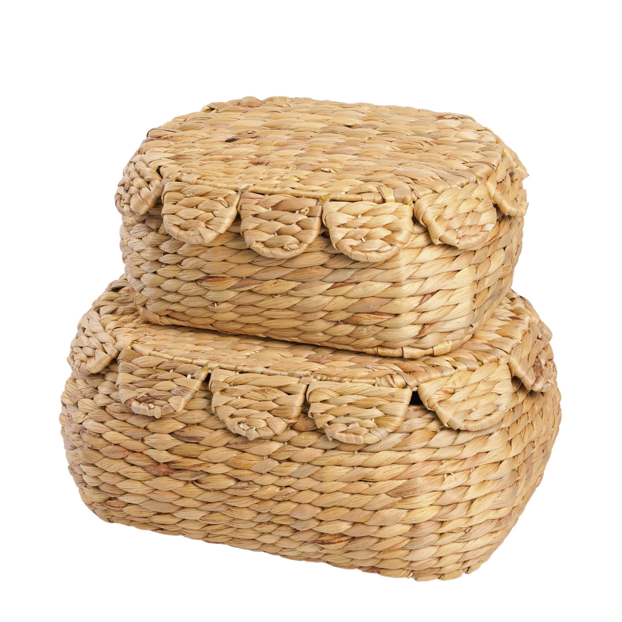 LUSYDECO Set of 2 Hand Round Wicker Storage Baskets with Lid, Rattan Basket Decorative Boxes, Woven Storage Box Hyacinth Basket with Lids, Scalloped Edge Wicker Basket with Lid LUSYDECO