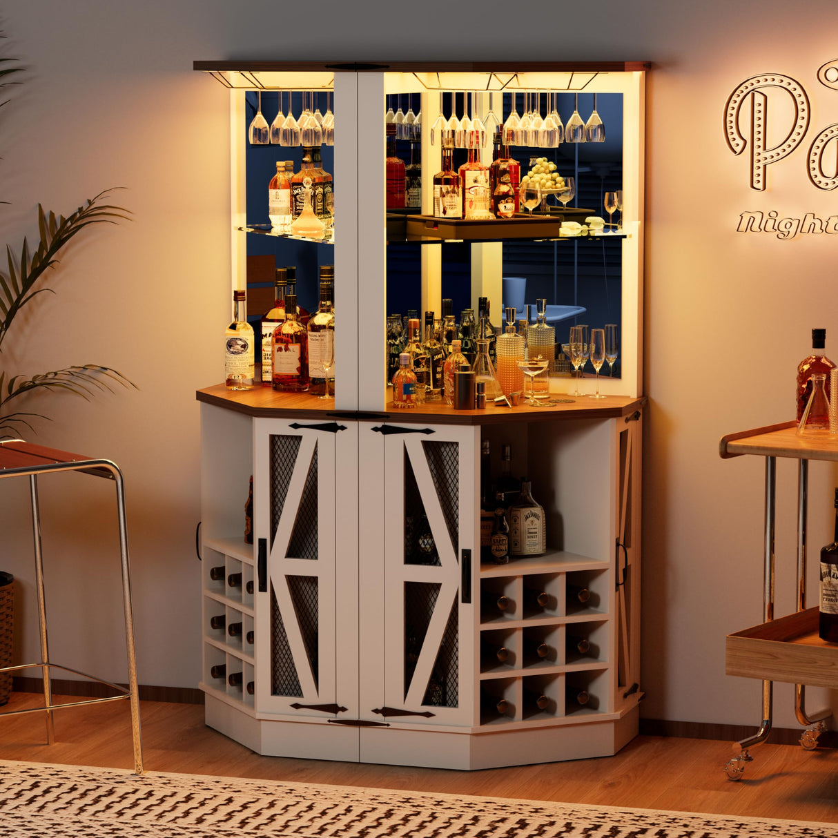 Royal Windsor Farmhouse Corner Bar Cabinet,Modern Wood Freestanding Wine Bar with Storage and Wine Holder, Tall Hutch Cabinet for Home, Display Bar Cabinet with LED Lights and Mirror, White Royal Windsor