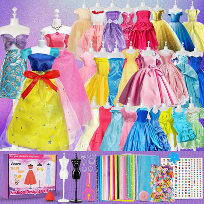 Anpro 700+Pcs Fashion Designer Kit for Girls with 4 Mannequins, DIY Arts & Crafts Kit for Girls Age 6-12 Toys, Doll Clothes Making Sewing Kit Colorful