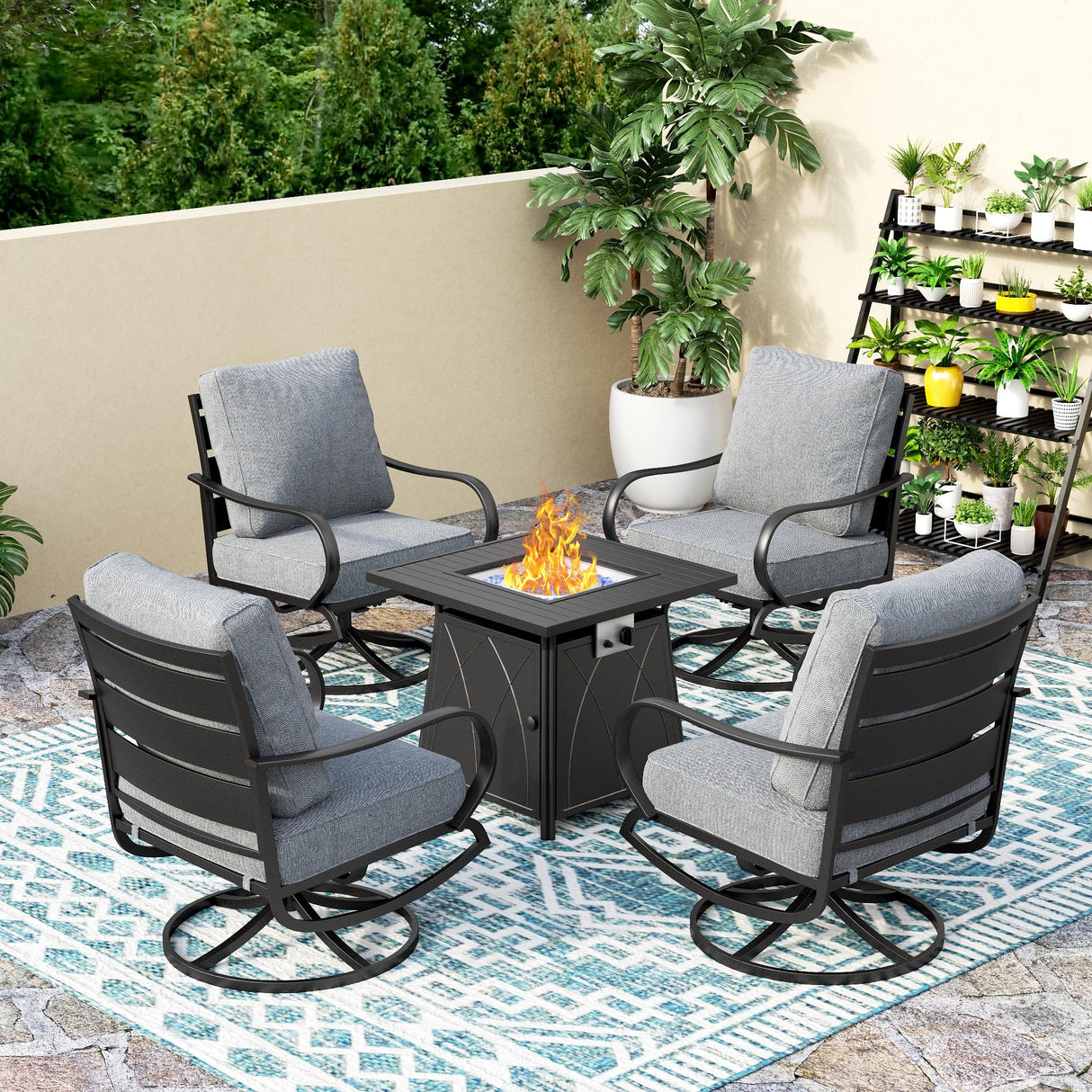 PHI VILLA 5 Piece Patio Furniture Set with 28" Firepit Table, 4 Outdoor 5.75" Cushioned Metal Frame Swivel Sofa Chairs & 28" Gas Firepit Table, Outside Furniture Set for Lawn Garden(Grey) PHI VILLA