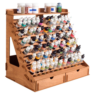 Plydolex Paint Organizer for 105 Paint Bottles and 14 Brushes - Paint Holder with 6 Miniature Stands - Paint and Brush Storage for Miniature Paints