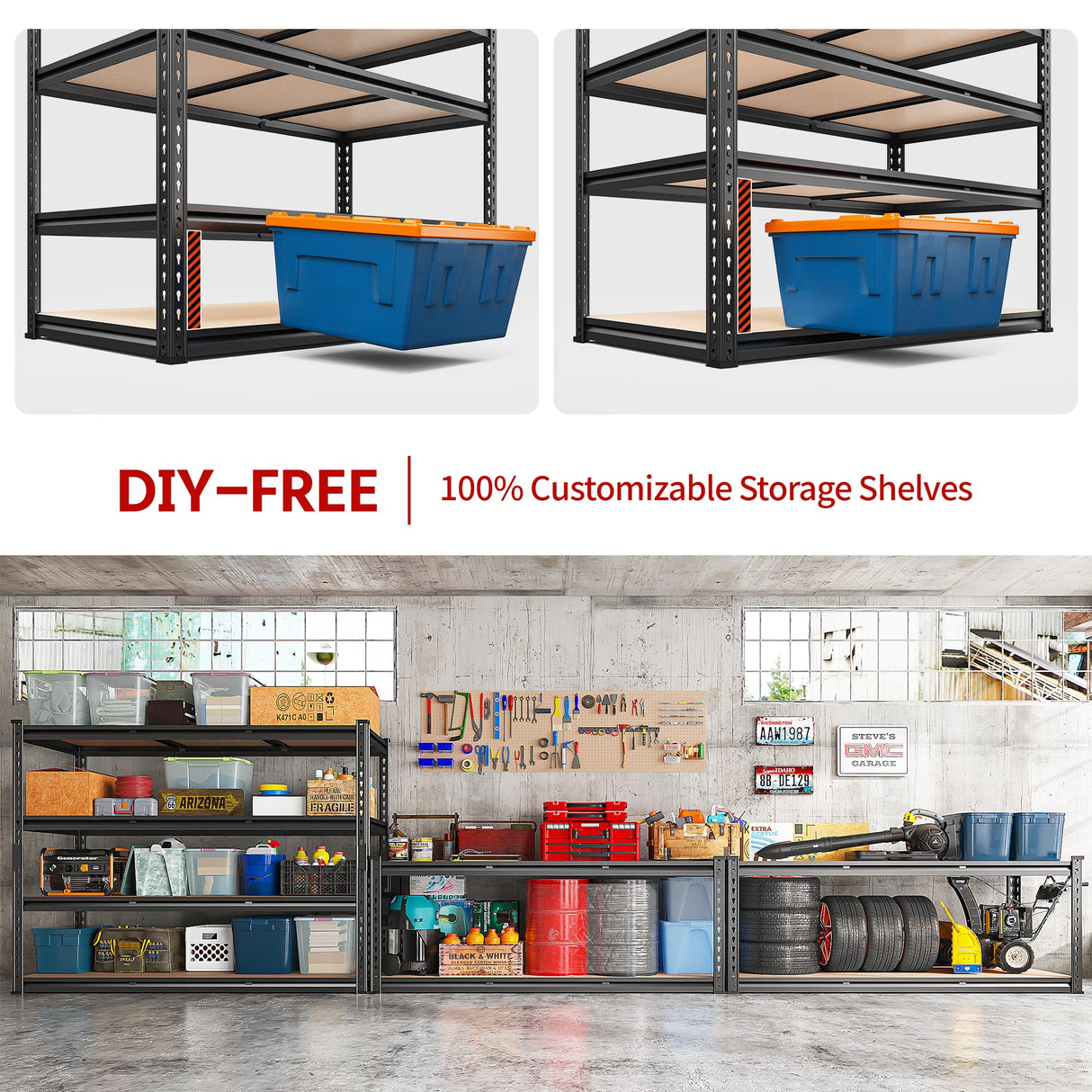 REIBII 2600LBS Garage Shelving 4 Tier Adjustable Storage Shelves Heavy Duty, 48" W Metal Shelves Utility Rack Shelving Units for Storage Warehouse Pantry Closet Kitchen, 48" W X 24" D X 60" H, Black REIBII