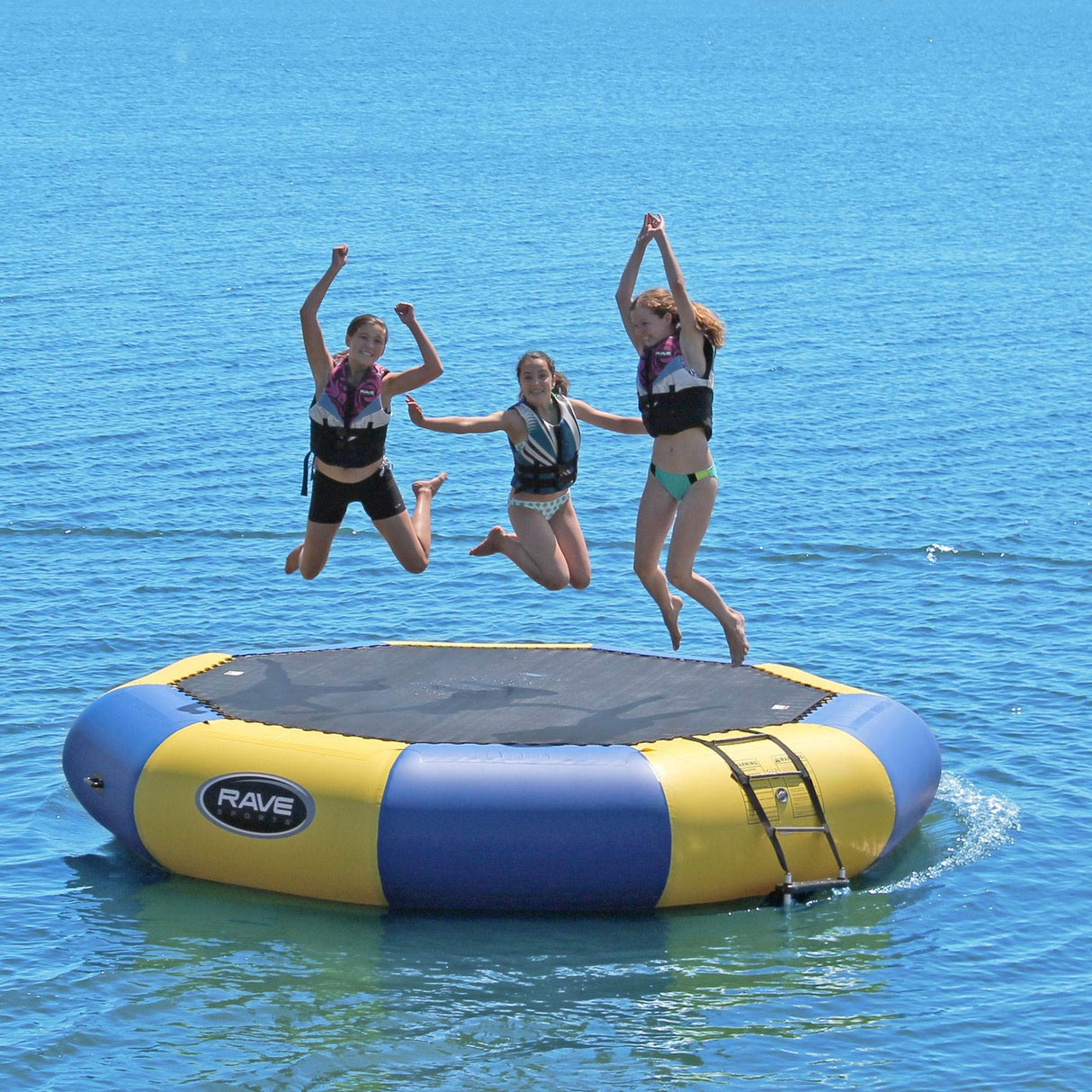 RAVE Sports Inflatable Bongo Water Bouncer, 10FT / 13FT / 15FT / 20FT, Recreational Trampoline with Sturdy Ladder, Heavy Duty Swimming Platform, Reinforced PVC Tube, Durable Nylon Jump Surface RAVE Sports
