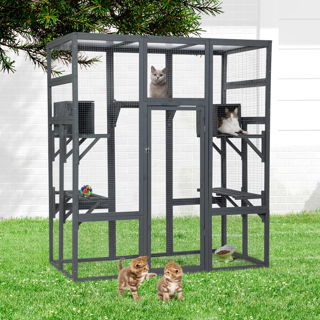COZIWOW 70Inches Large Spacious Wooden Outdoor Cat Catio with Perches and Condos, Cat Cage Enclosure Indoor Kitty Window Kennel with Waterproof Roof, 7 Platforms & 2 Resting Box, UV Resistant (Grey) COZIWOW