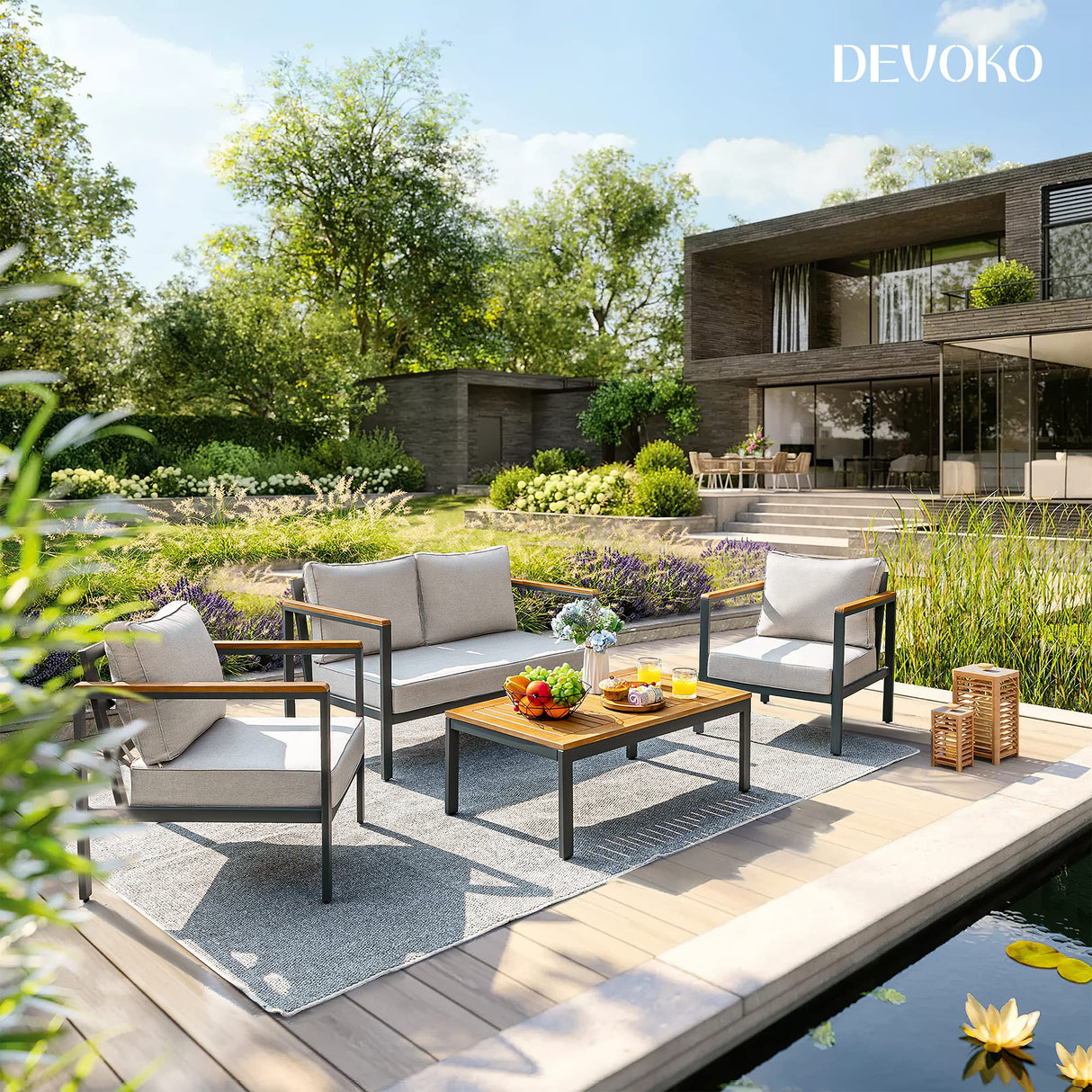 Devoko 4 Pieces Patio Furniture Sets Outdoor Conversation Set Acacia Wood Sofa Set with Coffee Table Thicker Sponge Cushion Devoko