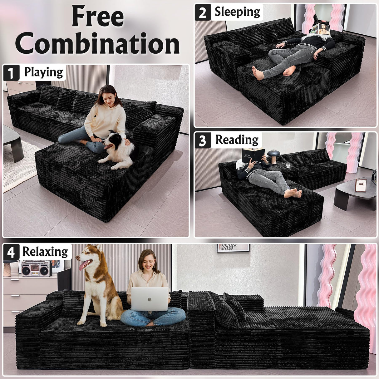 Boneless Modular Sectional Sofa, Cloud Couch with Right Facing Chaise, Oversized Deep Seat, L-Shaped, Soft Corduroy Fabric, Sectional Couch for Living Room -Black NMXUXMN