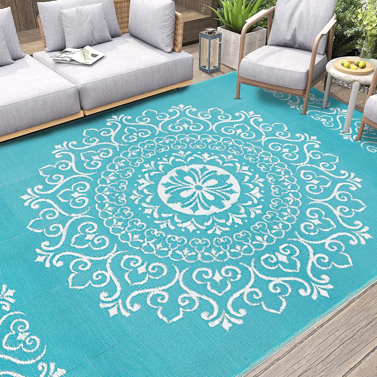 Pauwer Waterproof Outdoor Rug 9x12, Reversible Plastic Straw Patio Camping Rug, Indoor Outdoor RV Mat Carpet for Deck, Camper, Porch, Balcony, Backyard, Picnic, Floral Teal Pauwer