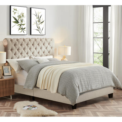 Rosevera Gideon Bed Frame/Fabric Upholstered Bed Frame with Adjustable Headboard/Chesterfield-Styled/Wood Slat Support/Easy Assembly,Queen,Beige