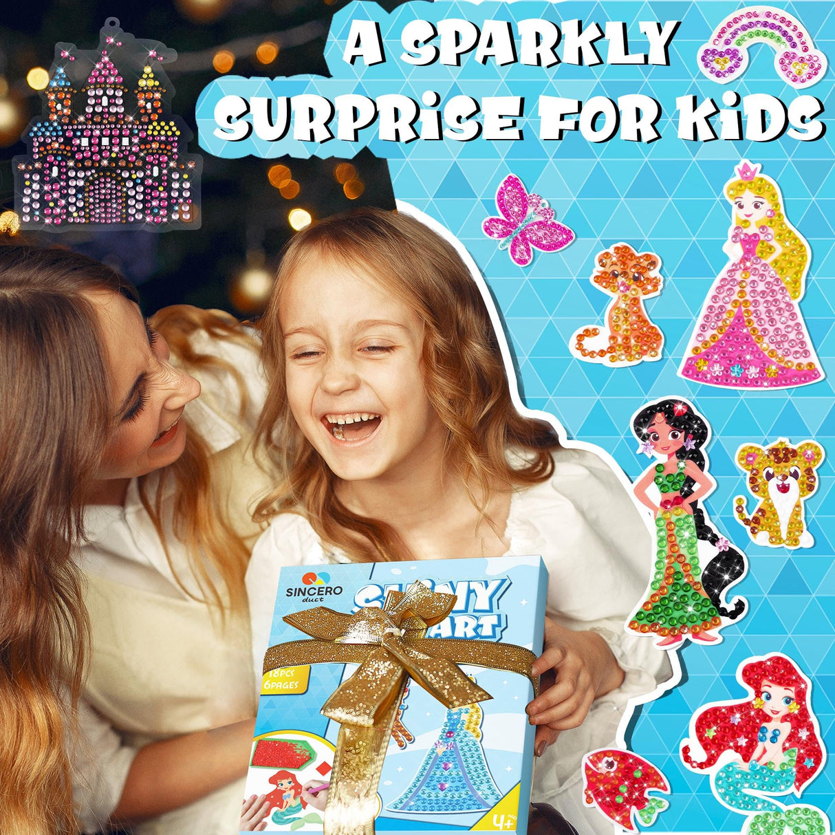 sinceroduct Diamond Art Kits for Kids with 6 Princess and Animals Stickers, 3 Gem Art Keychains and Suncatchers, Make Your Own Arts & Crafts, Christmas and Birthday Gifts for Girls Aged 4-8+ sinceroduct