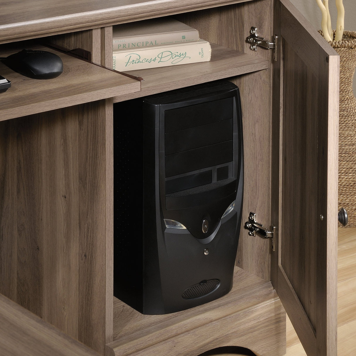 Sauder Harbor View Computer Desk, 66.14"D x 66.14"W x 30.28"H , Salt Oak finish Sauder