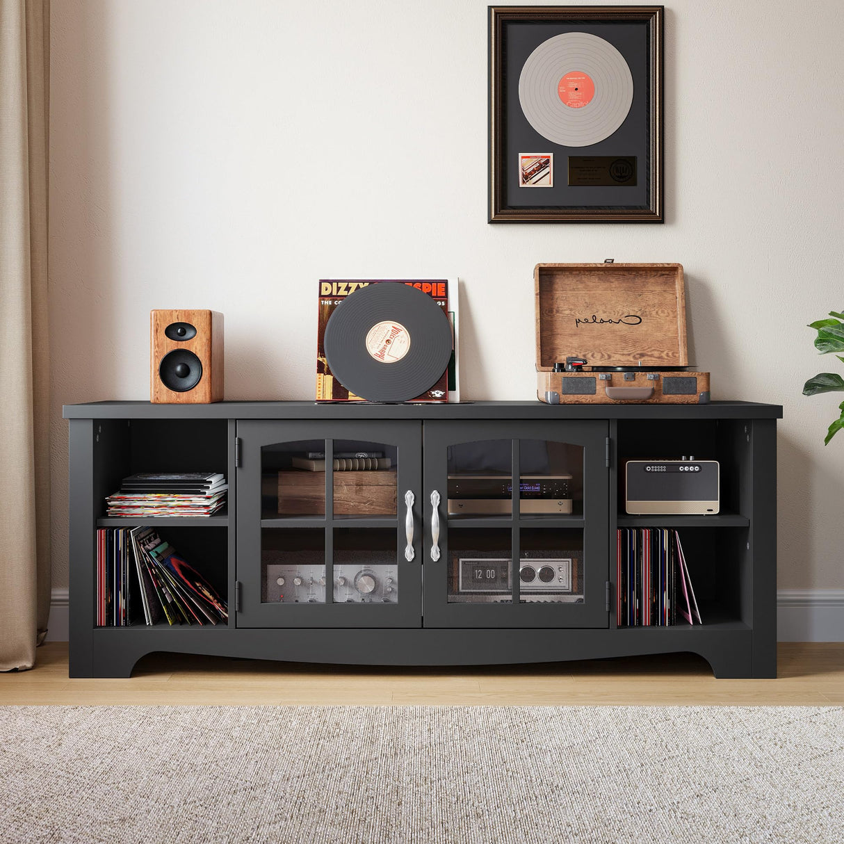 LINSY HOME Farmhouse TV Stand for 65 Inch TV, Wood Entertainment Center with Glass Door Storage Cabinet & Adjustable Shelves, Sturdy TV Console Table for Living Room Bedroom, Black LINSY HOME