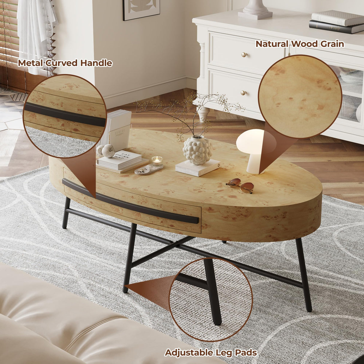 Oval Coffee Table with Drawer, Farmhouse Wooden Center Table 47.2" with Storage, Cross Metal Legs, Unique Curved Design, Center Tables for Living Room, Walnut Finish, Modern Rustic Accent Tea Table IDEALHOUSE