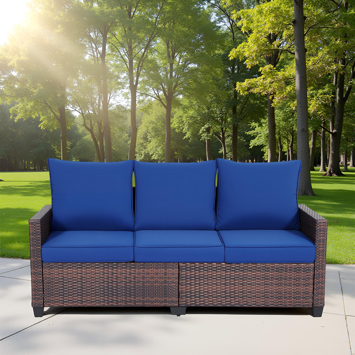EortheX Outdoor Patio Sofa, 3-Seat Rattan Wicker Couch for Garden Deck or Porch, Comfortable All-Weather Patio Furniture with Anti-Slip Cushions (Blue) EortheX outdoor fancy