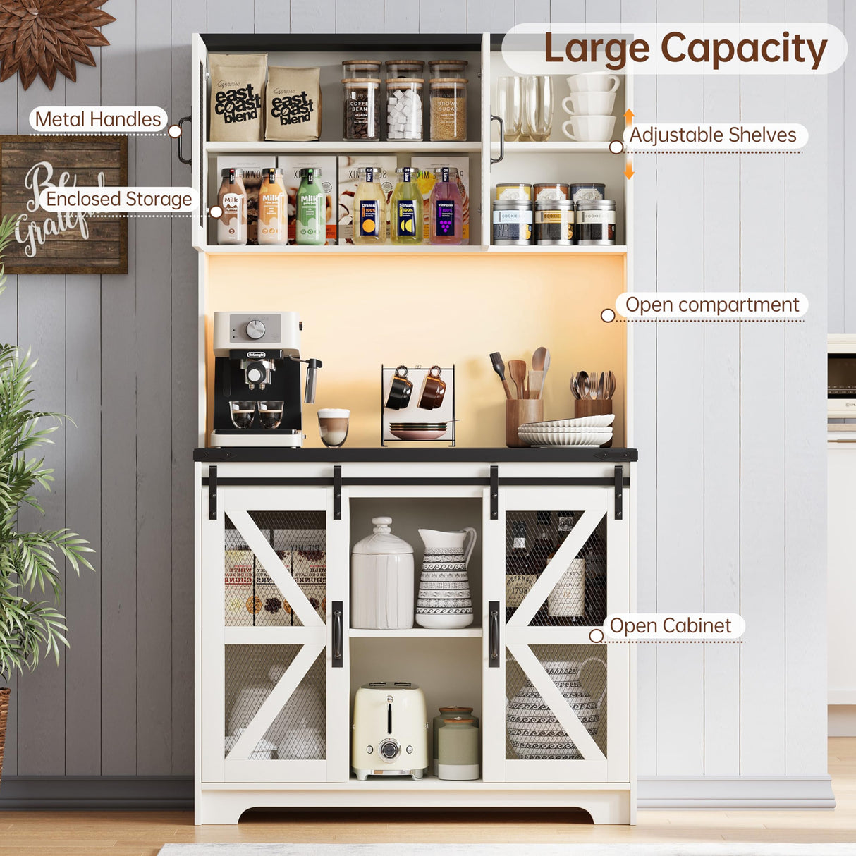 71" Tall Farmhouse Kitchen Pantry Storage Cabinet, Kitchen Storage Cabinets with LED Lights and Charging Station, Pantry Cabinet with Adjustable Shelves and Sliding Doors, Cupboard for Kitchen, White PPorfamilia