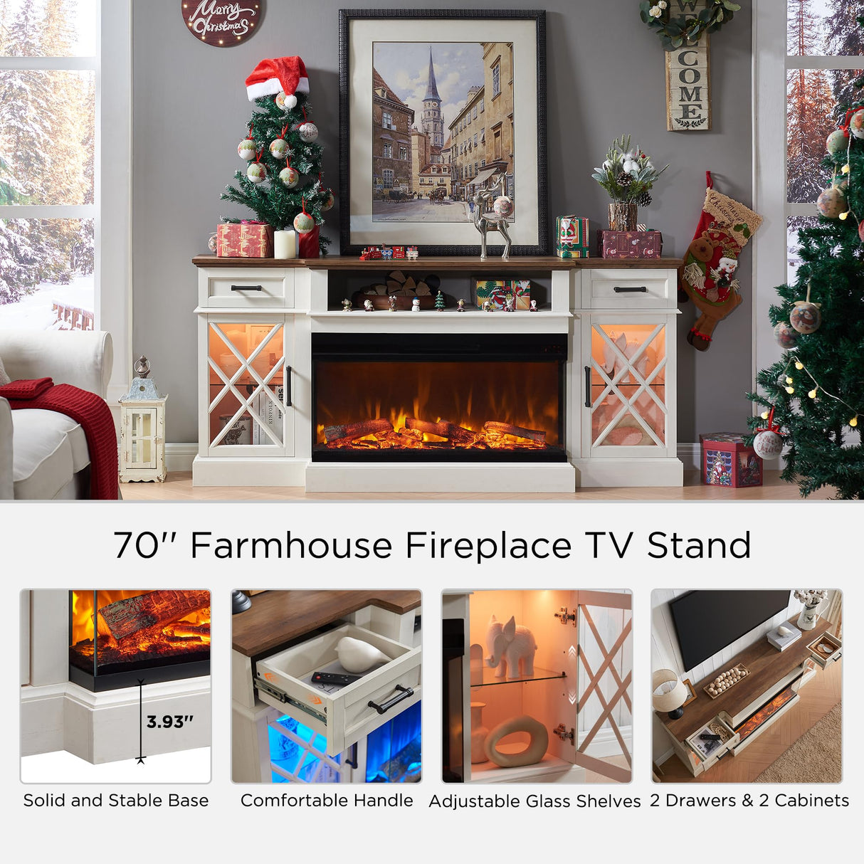 OKD 3-Sided Farmhouse Electric Fireplace TV Stand for TVs up to 80'', Highboy Entertainment Center with Glass Door Storage Cabinet, 70'' Large TV Stands with 36'' , Antique White OKD