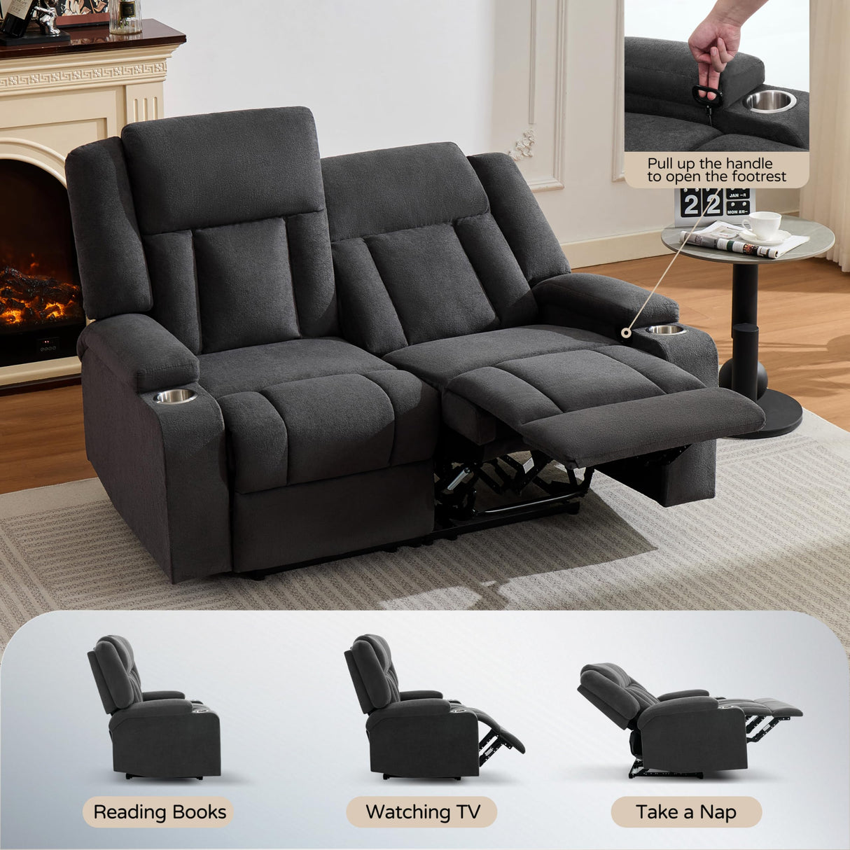 AIWOEN Recliner Loveseat Sofa with Cup Holders, 2-Seater Fabric Reclining Couch, Manual Recliner Wall Hugger for Living Room, Small Spaces, Home Theater (Dark Gray) AIWOEN