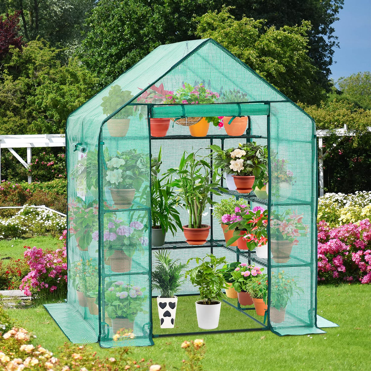 Greenhouse for Outdoors with Screen Windows, Ohuhu Upgraded 4 Tiers 11 Shelves Walk-in Greenhouses with Durable PE Cover, Outside Garden Plastic Green House with Ground Pegs & Ropes for Stability Ohuhu