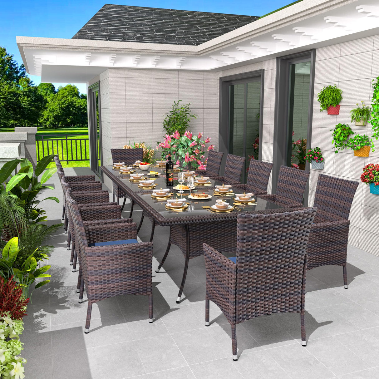 Trumbeak 15 Piece Outdoor Dining Set,Rattan Patio Conversation Set of 12 Chairs,Patio Dining Table and Chairs w/Cushions,Square Glass Tabletop,Umbrella Cutout for Patio,NavyBlue Trumbeak