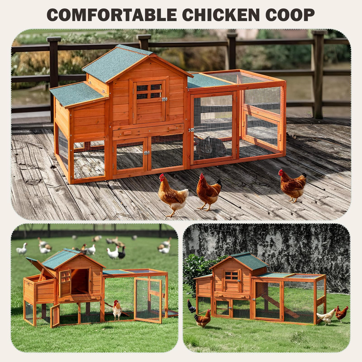 RUNSHED Chicken Coop for 4-6 Chickens Outdoor Wooden Hen House Poultry Pet Hutch for Backyard w/Run Cage & Nesting Box RUNSHED