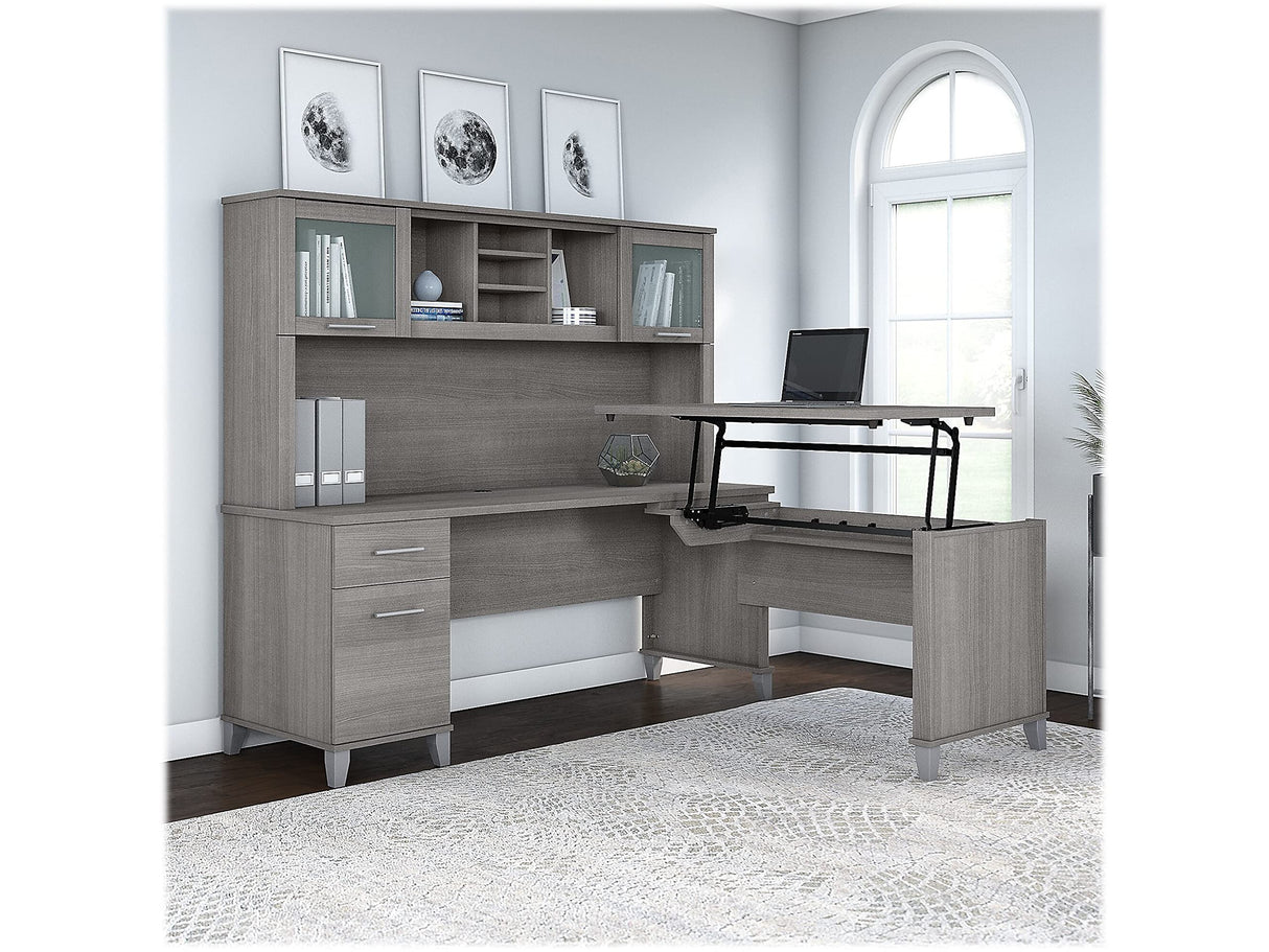 Bush Furniture Somerset 72W 3 Position Sit to Stand L Shaped Desk with Hutch in Platinum Gray Bush Business Furniture