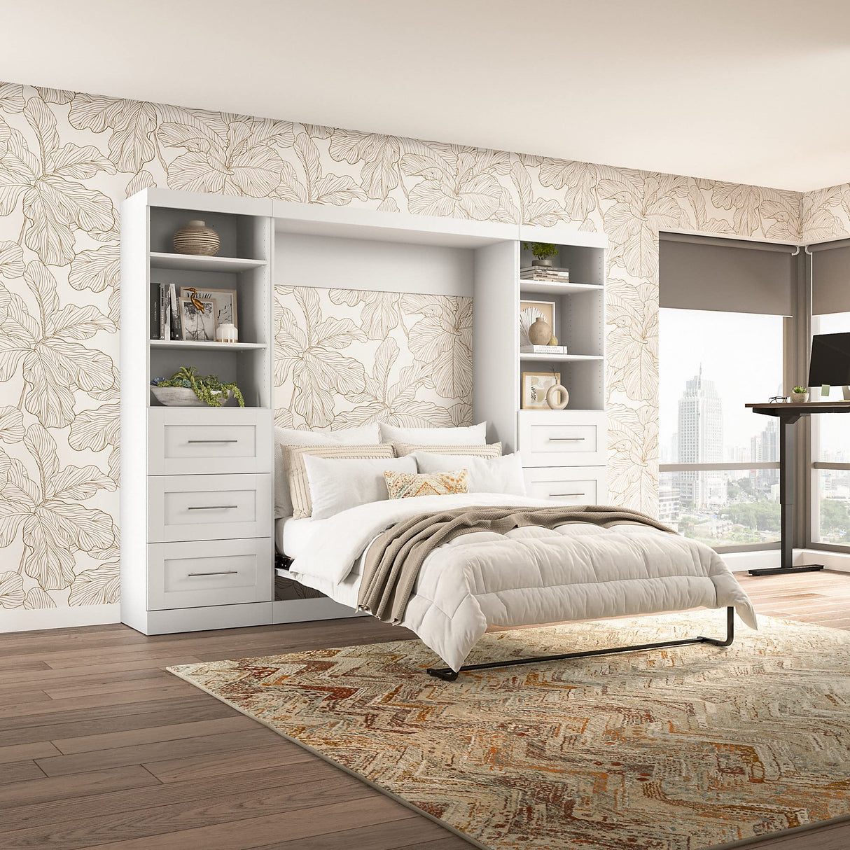 Bestar Pur Full Murphy Bed and 2 Shelving Units with Drawers, 109-inch Space-Saving Sleeping Arrangement in White Bestar