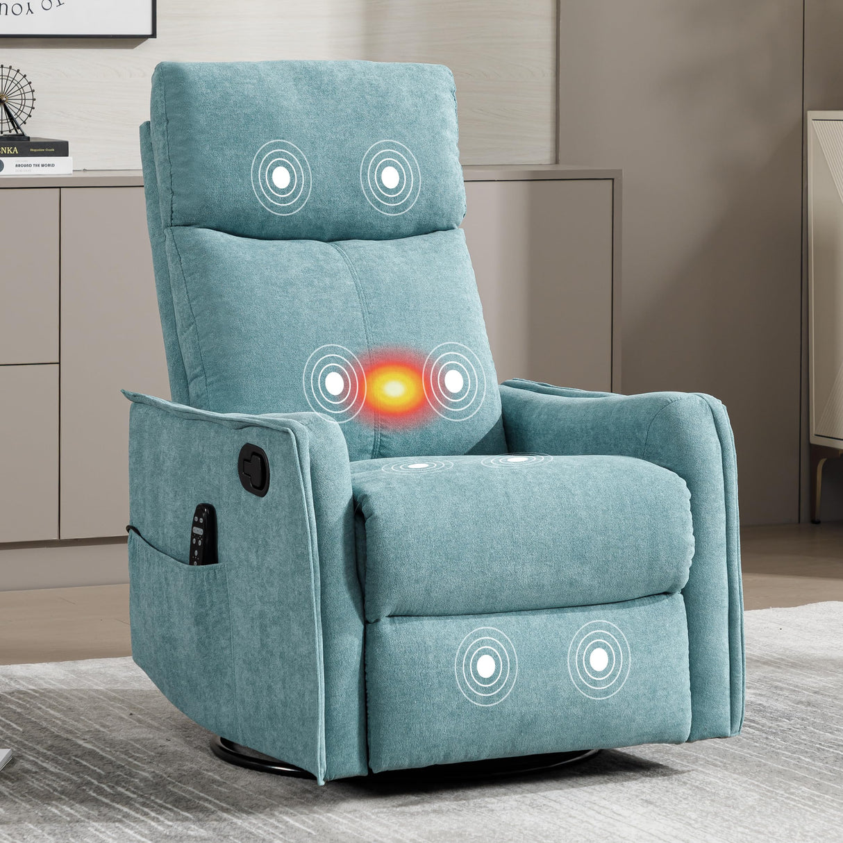 Massage Rocker Swivel Recliner Chair for Adults, Manual Recliner Glider with Lumbar Heating, Technical Flannel Fabric Nursery Glider Rocking Chair with Vibration Massage for Living Room - Green Blue EZZUP