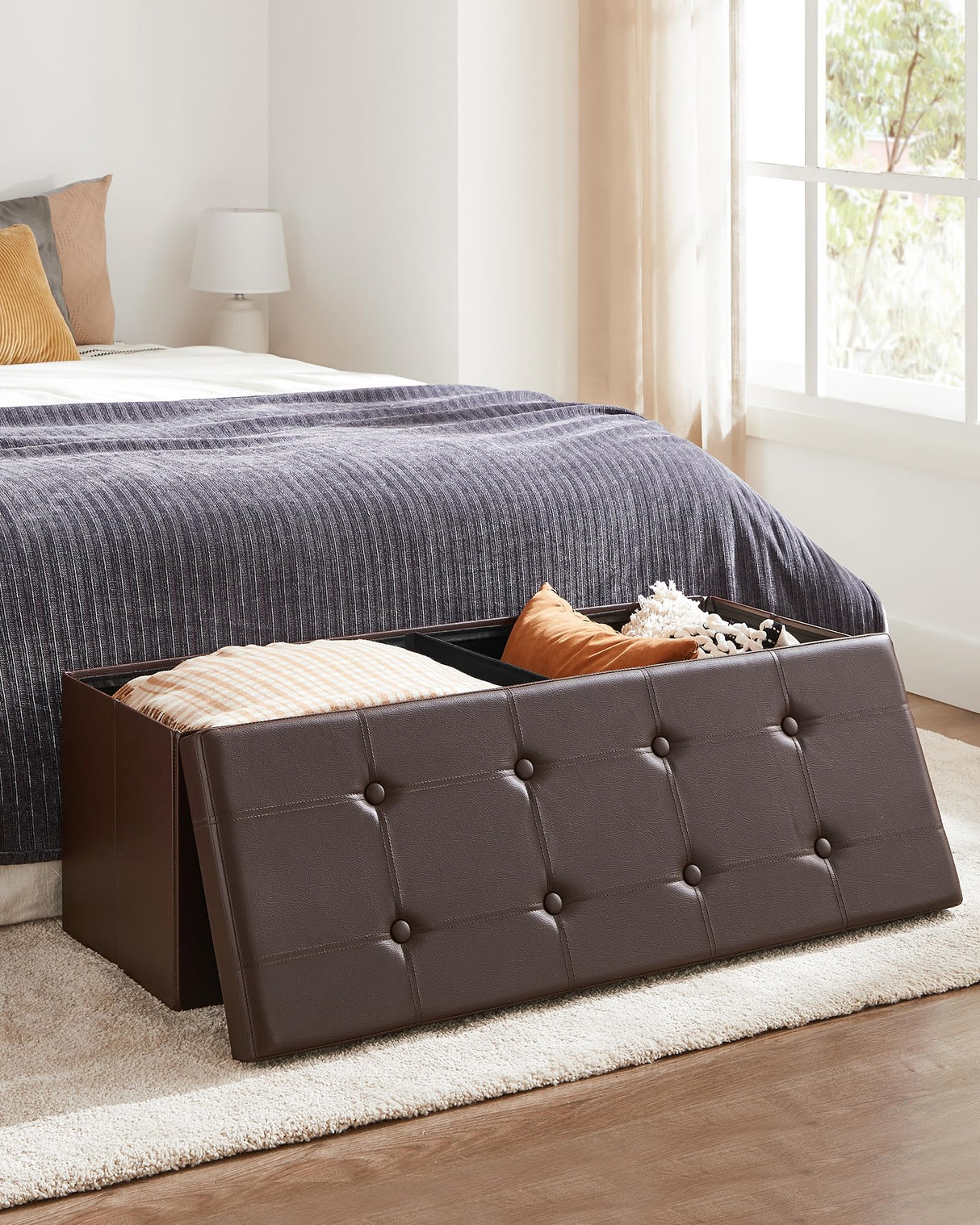 SONGMICS 43 Inches Folding Storage Ottoman Bench, Storage Chest, Footrest, Coffee Table, Padded Seat, Faux Leather, Holds up to 660 lb, Brown ULSF703, L(15 x 43 x 15 Inches) SONGMICS