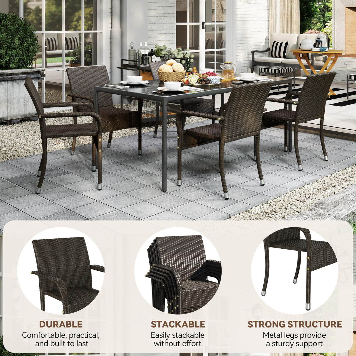 Yaheetech Set of 2 Stackable Outdoor Rattan Dining Chairs, All-Weather Armchair w/Armrests, Steel Frame for Garden, Patio, Deck, Yard, Poolside, Brown Yaheetech