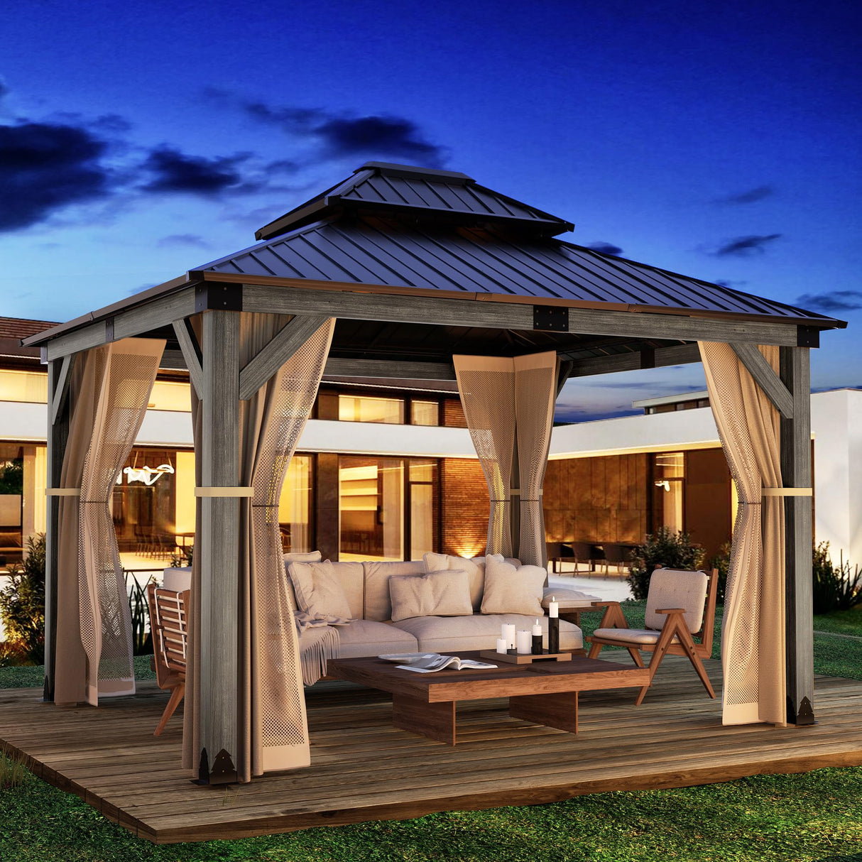 HOMPUS 10x12 FT Hardtop Wood Gazebo, Cedar Wood Frame Gazebo with Double Metal Roof, Outdoor Gazebo with Netting & Curtains, Wooden Gazebos Pavilion for Backyard, Garden, Deck, Gray HOMPUS